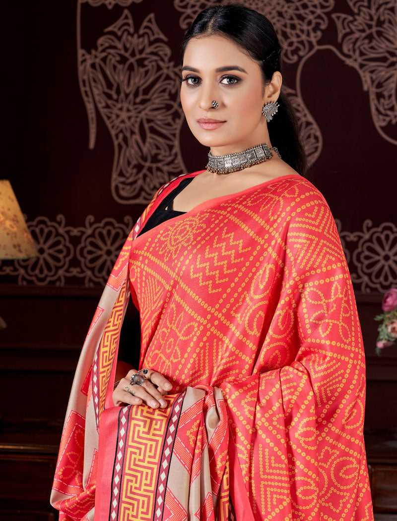 Orange Pashmina Blouse And Shawl With Digital Print Stylish Beautiful Looking Sarees