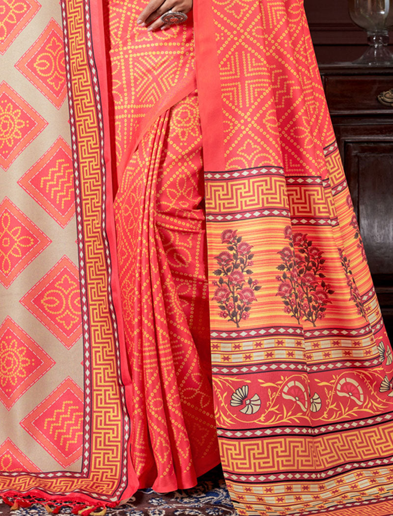 Orange Pashmina Blouse And Shawl With Digital Print Stylish Beautiful Looking Sarees