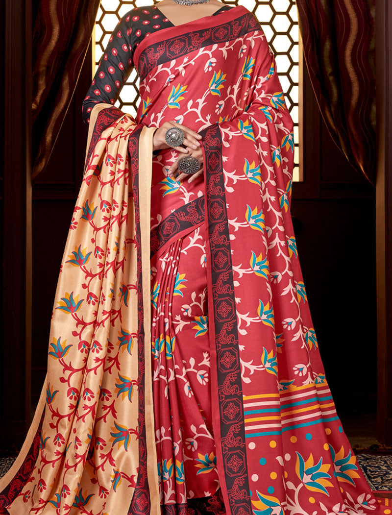 Cream & Pink Pashmina Blouse And Shawl With Digital Print Stylish Beautiful Looking Sarees