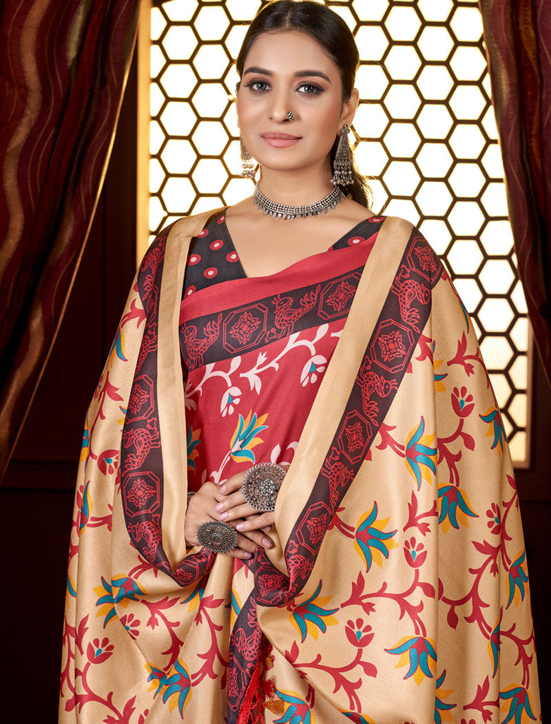 Cream & Pink Pashmina Blouse And Shawl With Digital Print Stylish Beautiful Looking Sarees