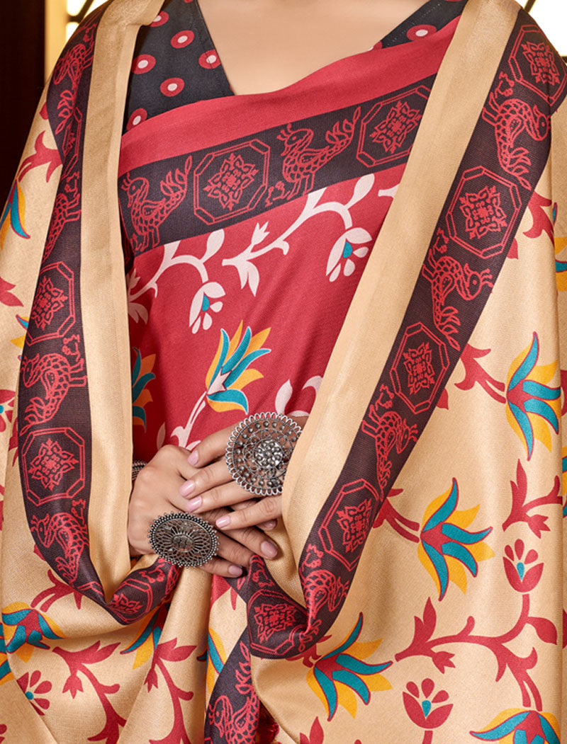 Cream & Pink Pashmina Blouse And Shawl With Digital Print Stylish Beautiful Looking Sarees