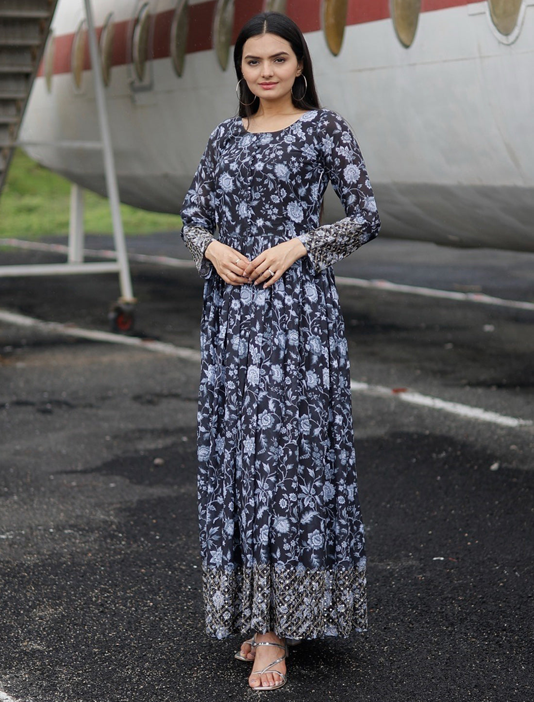Blue Faux Georgette Sequins Work Gown For Women