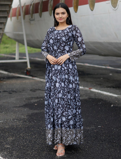 Blue Faux Georgette Sequins Work Gown For Women