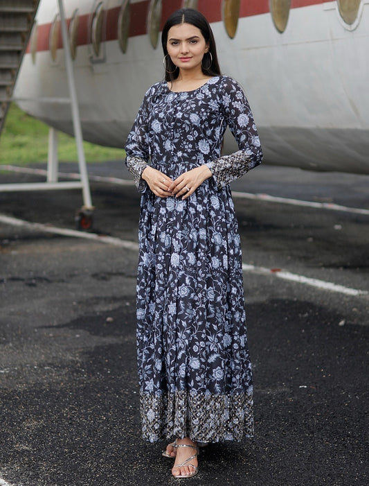 Blue Faux Georgette Sequins Work Gown For Women
