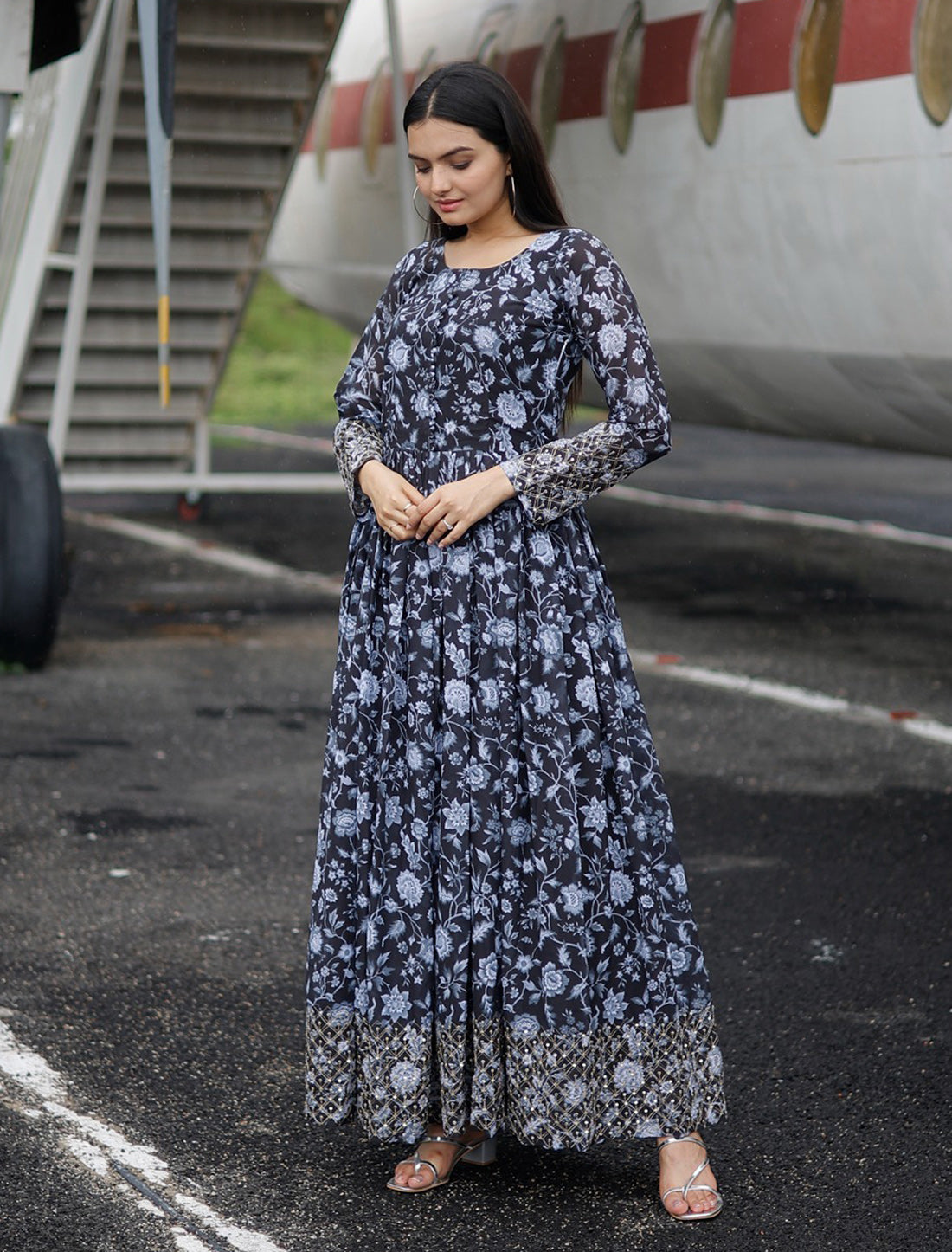 Blue Faux Georgette Sequins Work Gown For Women