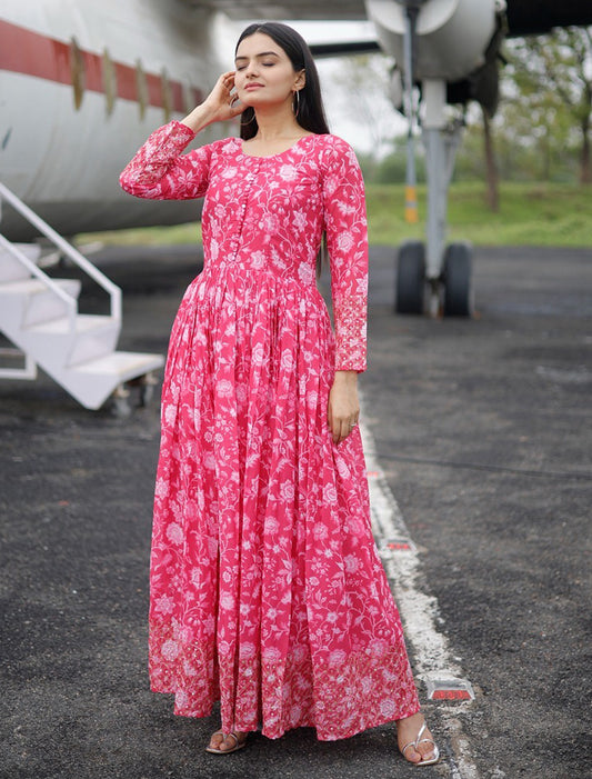 Pink Faux Georgette Sequins Work Gown For Women