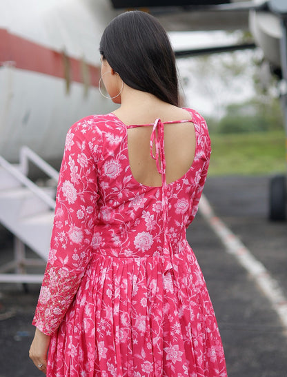 Pink Faux Georgette Sequins Work Gown For Women