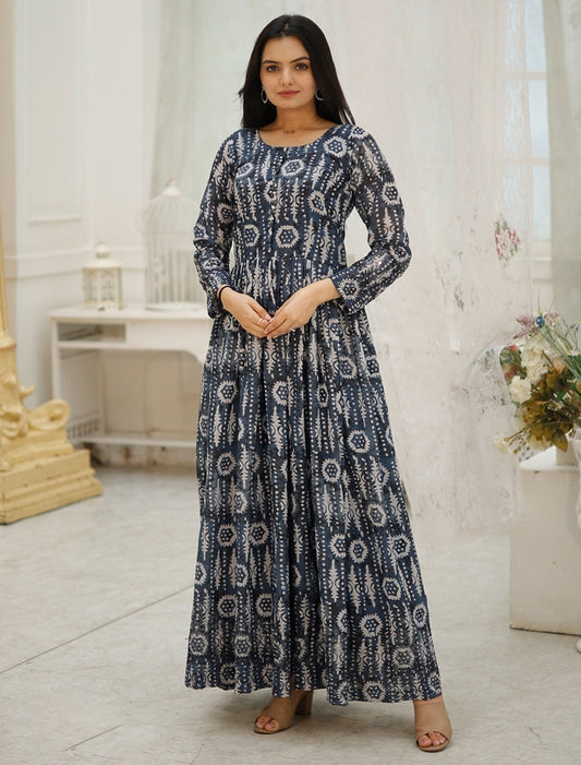 Navy Blue Faux Gorgette Embroidery Zari Sequins Work Gown