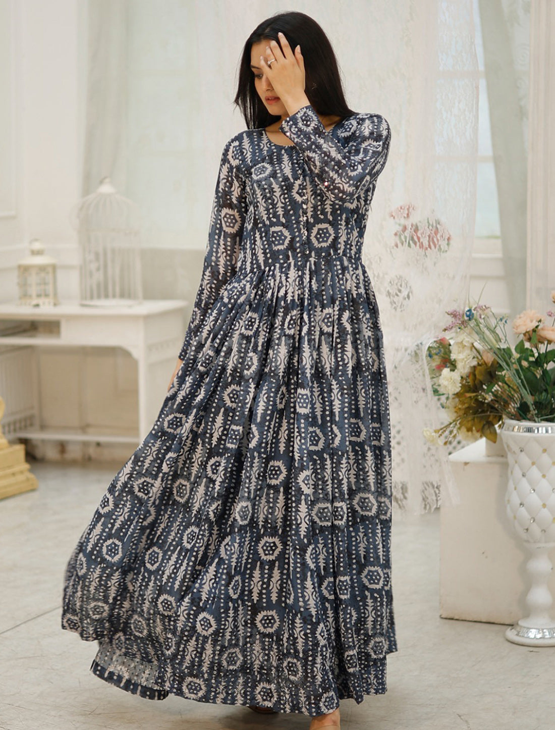 Navy Blue Faux Gorgette Embroidery Zari Sequins Work Gown