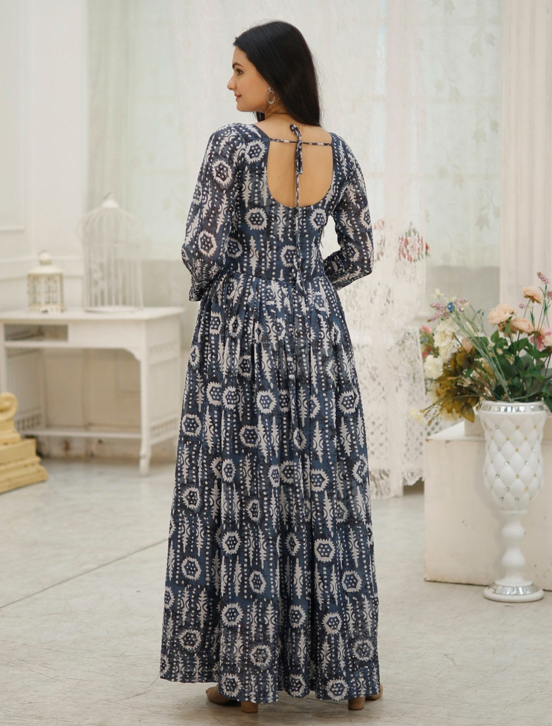 Navy Blue Faux Gorgette Embroidery Zari Sequins Work Gown