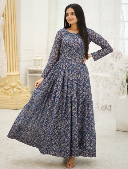 Blue Faux Gorgette Embroidery Gown With Zari Sequins Work