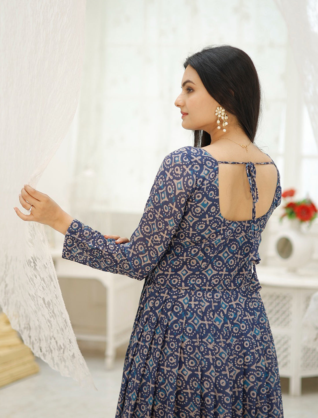 Blue Faux Gorgette Embroidery Gown With Zari Sequins Work