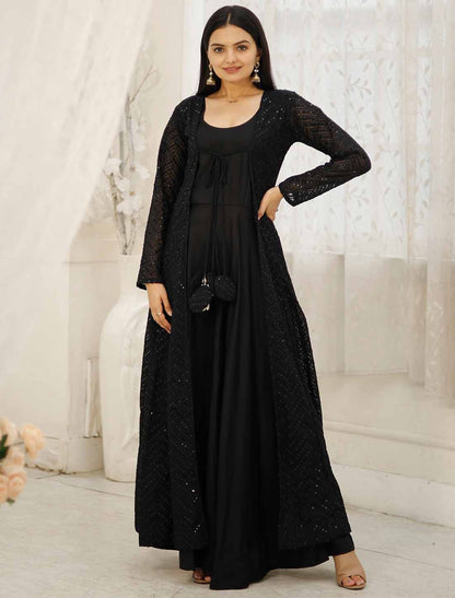 Ethnic Rayon With Georgette Shrug Embroidery Work Gown
