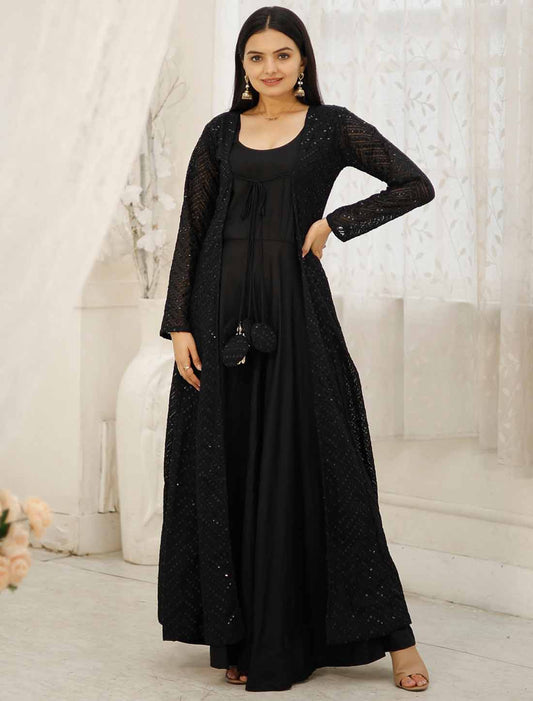 Ethnic Rayon With Georgette Shrug Embroidery Work Gown