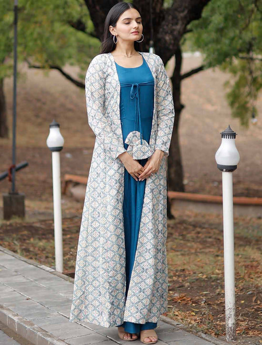Rayon With Georgette Shrug Embroidery Work Ethnic Gown