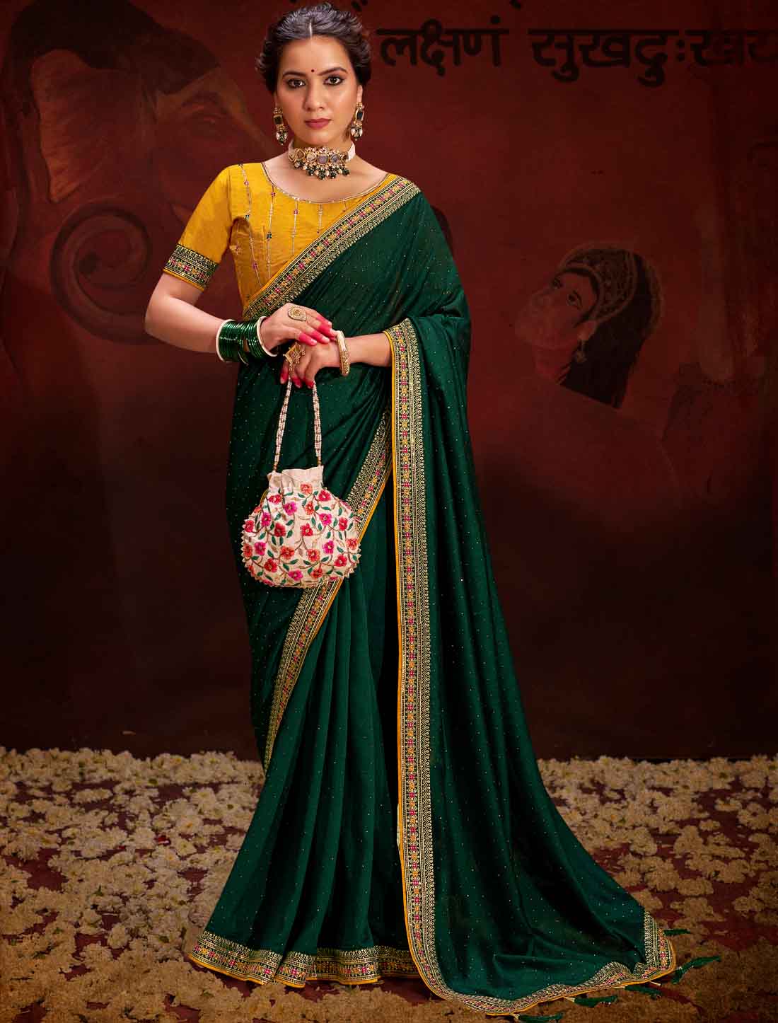 Green Designer Vichitra Blooming An Banglori Silk Ethnic Saree