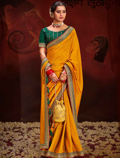 Yellow Vichitra Designer Blooming An Banglori Silk Ethnic Saree