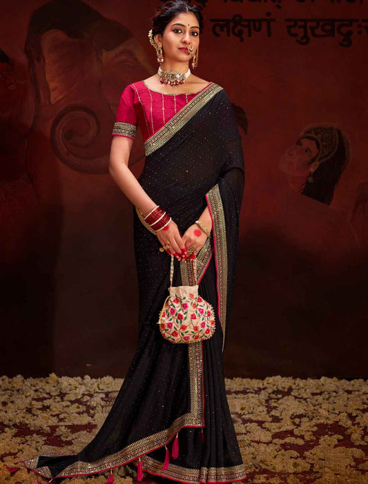 Magenta Designer Vichitra Blooming An Banglori Silk Ethnic Saree