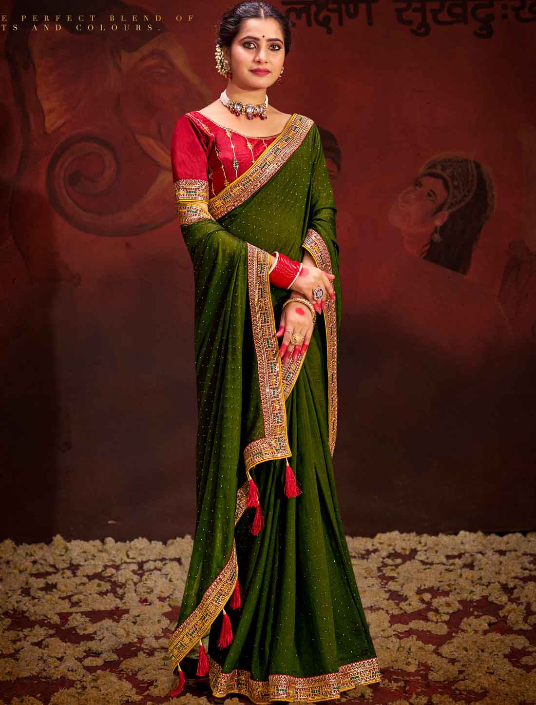 Olive Green Designer Vichitra Blooming An Banglori Silk Ethnic Saree