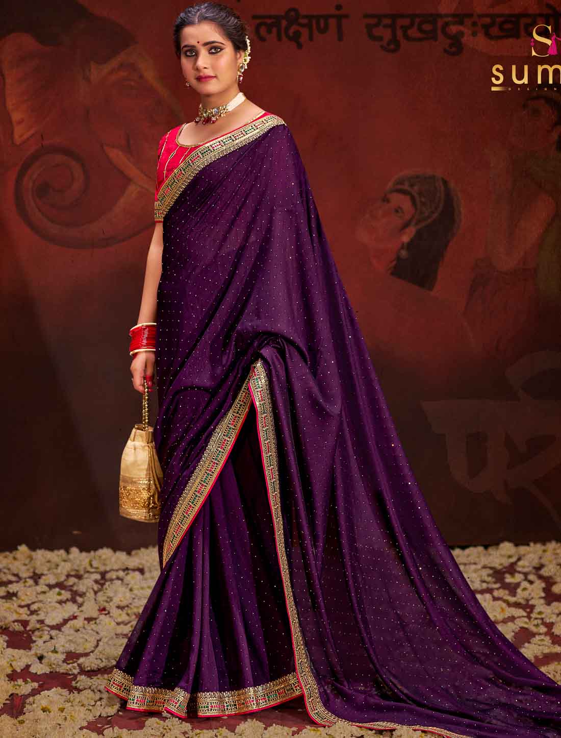 Violet Designer Vichitra Blooming An Banglori Silk Ethnic Saree