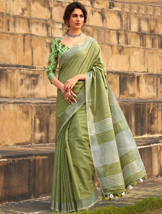 Whispering Breeze Soft Linen Silk With Khadi Print Saree