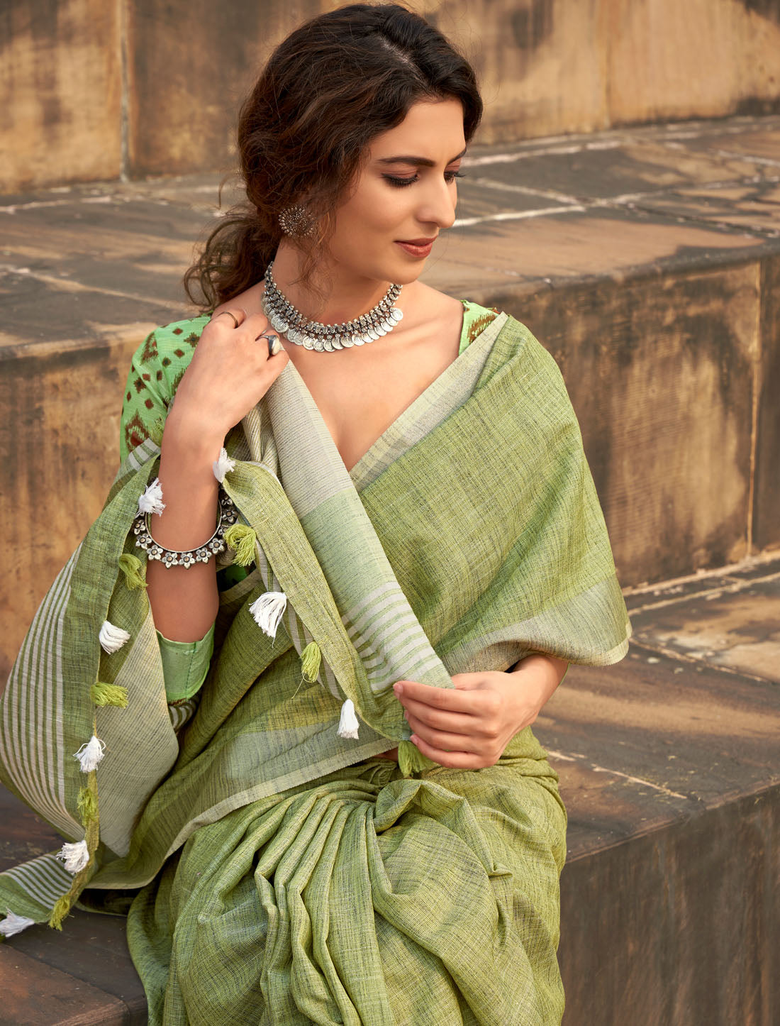 Whispering Breeze Soft Linen Silk With Khadi Print Saree