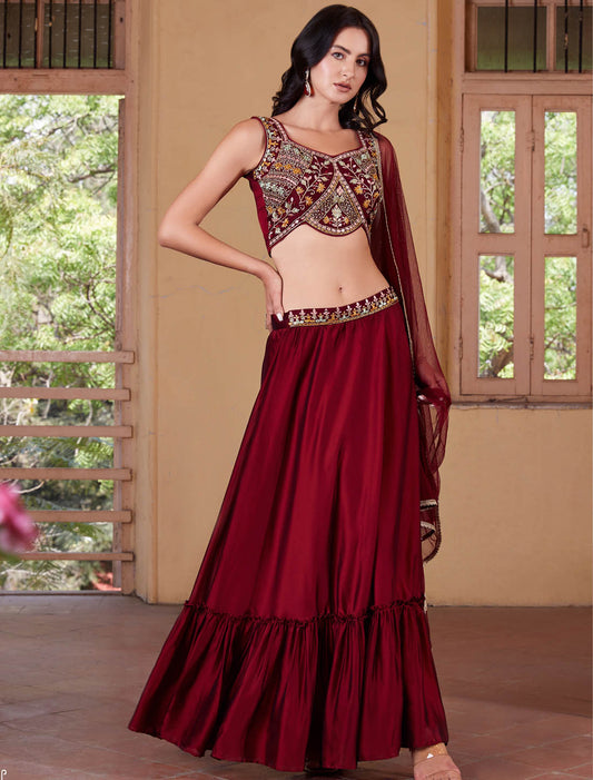 Maroon Exquisite Party Wear Wedding Lehenga Choli For Women With Rangoli Georgette Fabric & Embellishments Work