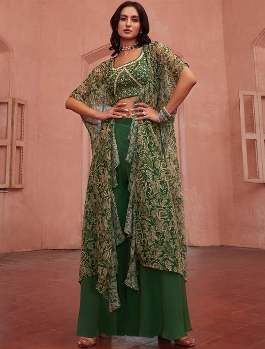 Green Readymade Party Wear Sharara & Choli Wedding Set For Women Work With Georgette Fabric & Embellishments