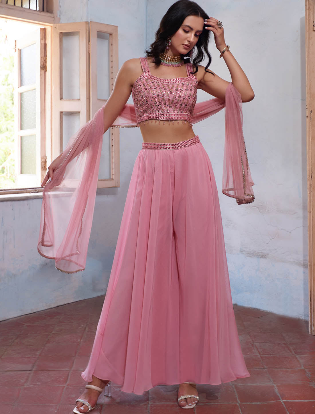 Pink Wedding Sharara & Choli Wedding Readymade Set For Women With Georgette Fabric