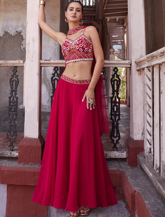 Rani Pink Georgette Wedding & Party Wear Lehenga Choli For Women Readymade Handcrafted Elegance