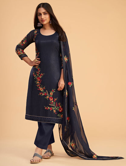 Blue Festive Ethnic Semi Stitched Women Salwar Suit With Multi Thread And Zari embroidery