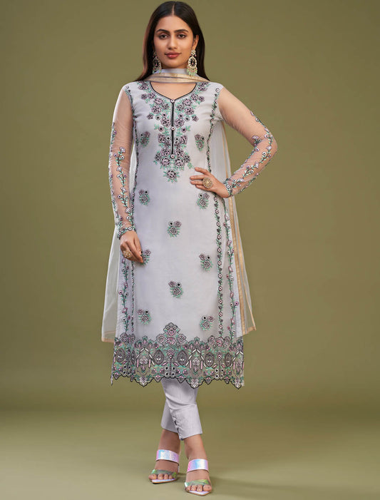 Introducing Lavender Net Thread Embroidery Party Wear Kurta Sets