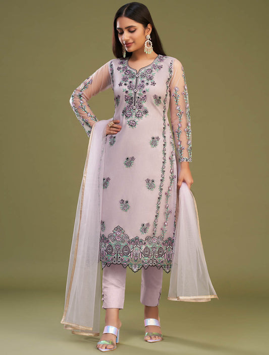 Pink Net Embroidery Work Ethnic Stylish Kurta Sets For Women