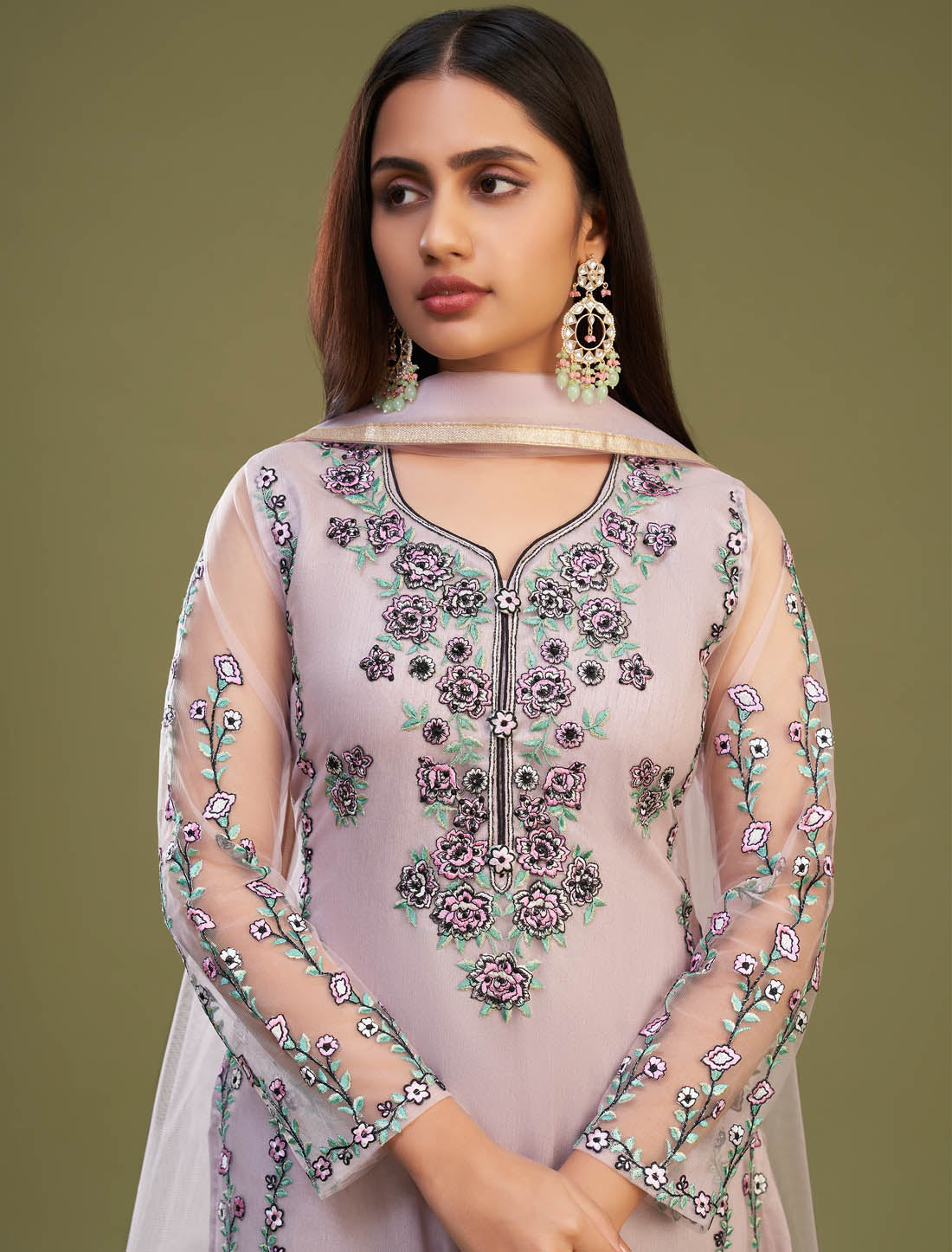 Pink Net Embroidery Work Ethnic Stylish Kurta Sets For Women