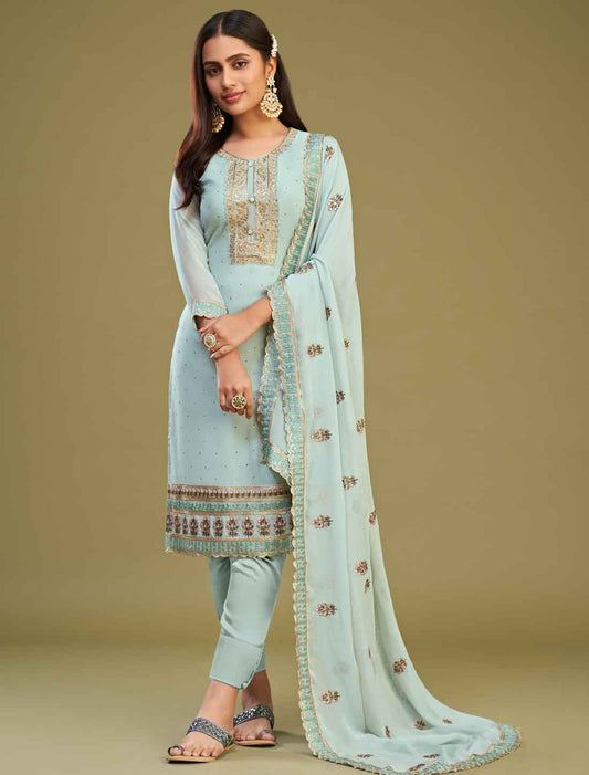 Firozi Georgette & Dull Santoon Ethnic Embroidery Work Kurta Sets