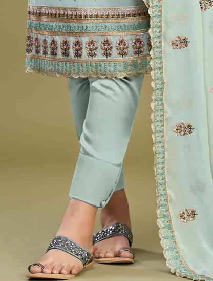 Firozi Georgette & Dull Santoon Ethnic Embroidery Work Kurta Sets