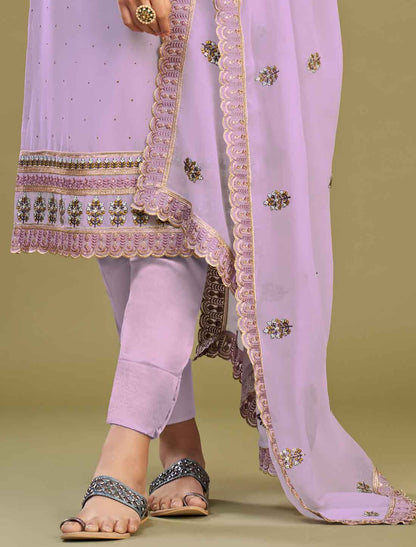 Lavender Ethnic Georgette Embroidery with Dull Santoon  Kurta Sets