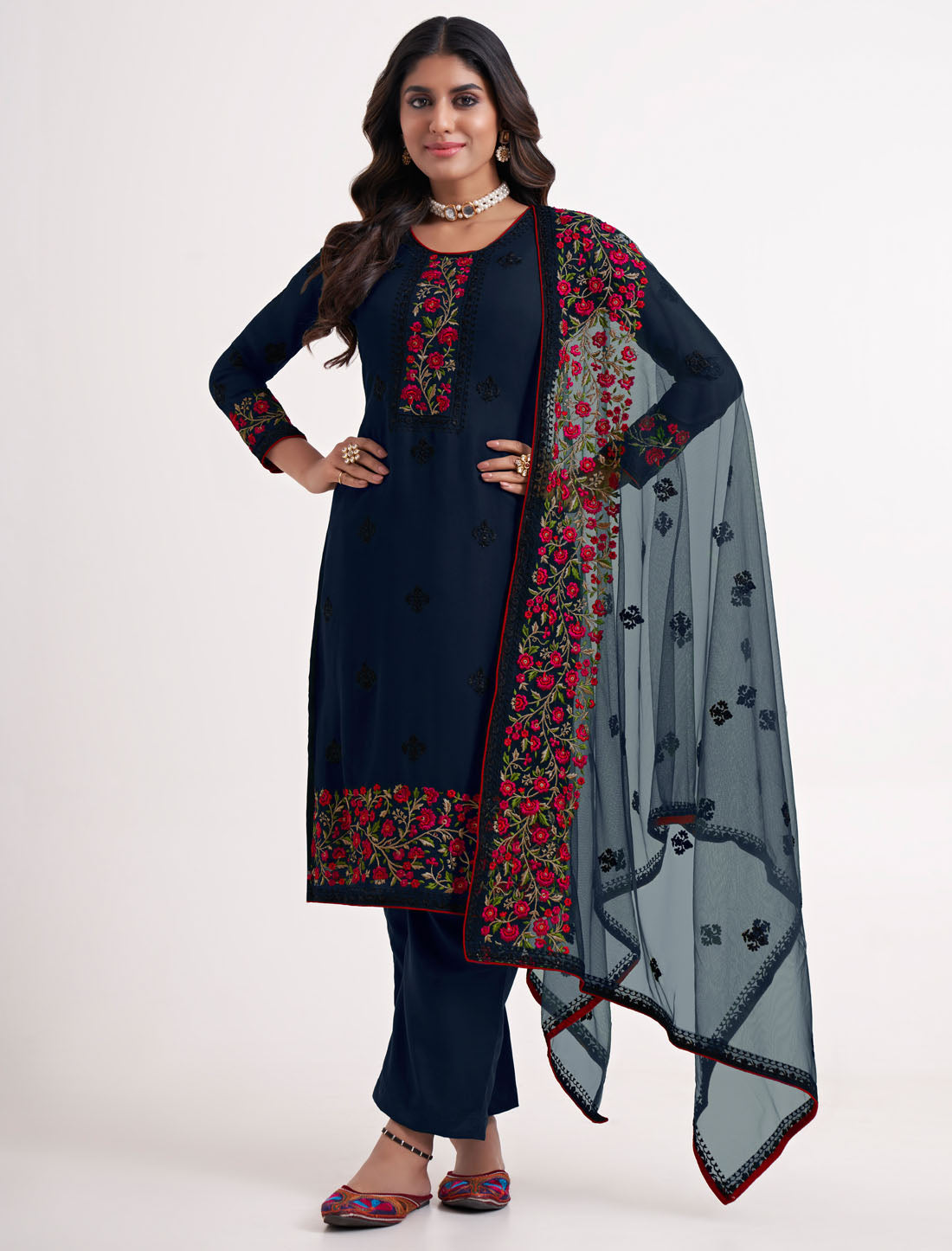 Blue Ethnic Semi Stitched Women Kurta set with sequins, zari embroidery and stone work,