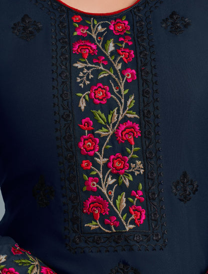 Blue Ethnic Semi Stitched Women Kurta set with sequins, zari embroidery and stone work,