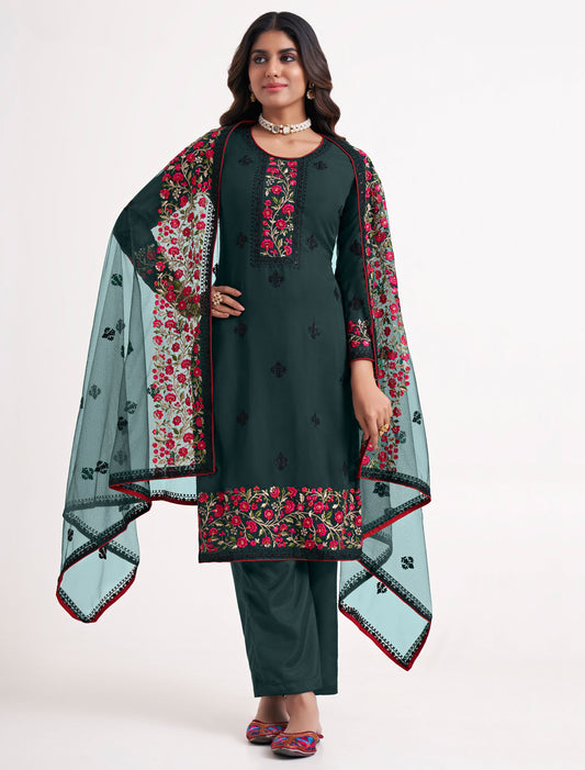 Green Ethnic Semi Stitched Kurta Set For Women With Sequins, Zari Embroidery and Stone Work,