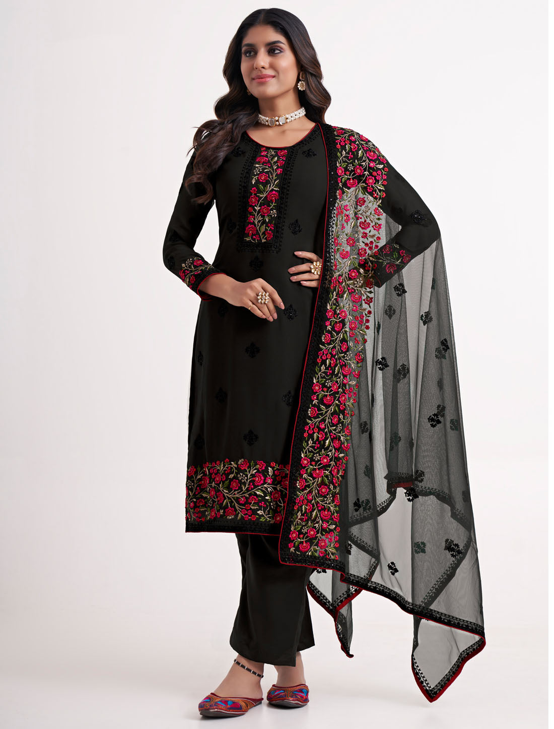 Black Traditional Ethnic Kurta Set For Women With Sequins, Zari Embroidery and Stone Work,