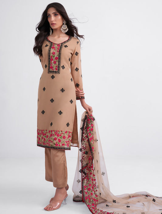 Light Brown Ethnic Semi Stitched Traditional Kurta Set For Women With Sequins, Zari Embroidery and Stone Work,