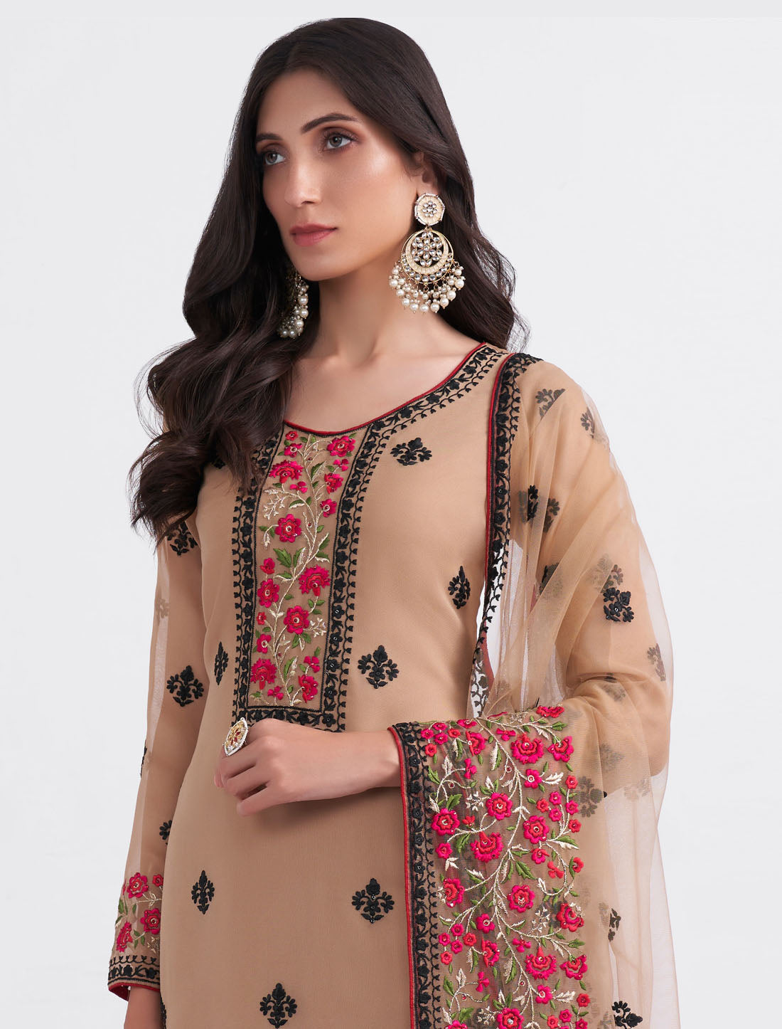 Light Brown Ethnic Semi Stitched Traditional Kurta Set For Women With Sequins, Zari Embroidery and Stone Work,