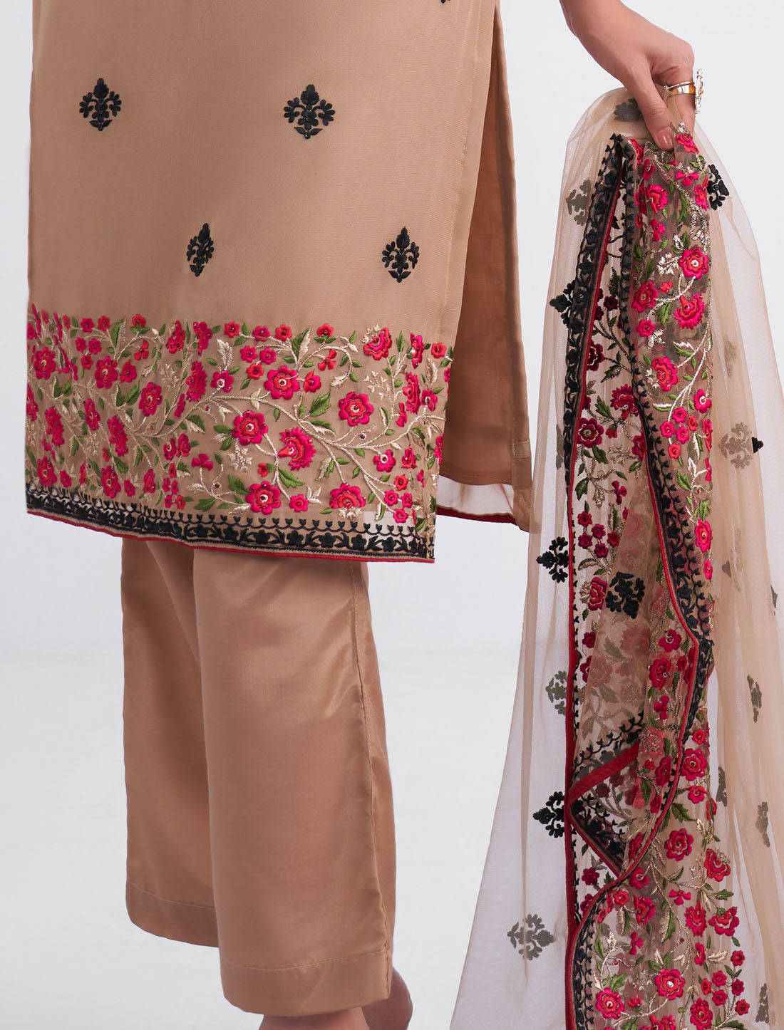 Light Brown Ethnic Semi Stitched Traditional Kurta Set For Women With Sequins, Zari Embroidery and Stone Work,