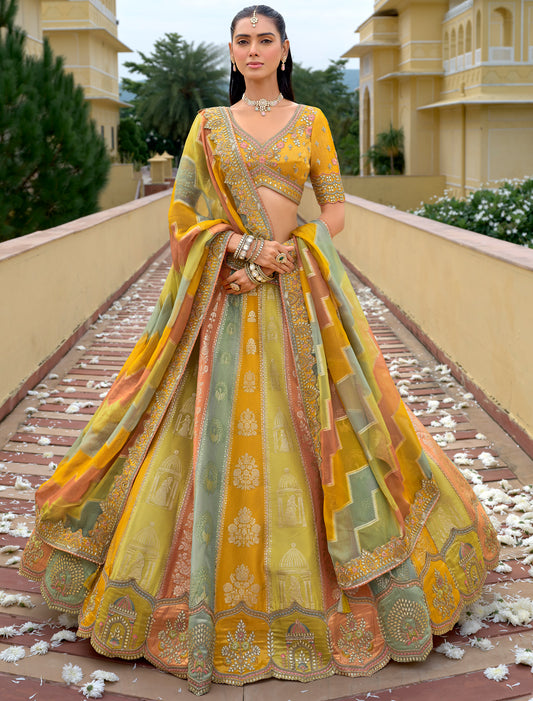 Designer Yellow Fancy Silk An Net Hevay Embroidery Ethnic Lehenga Choli