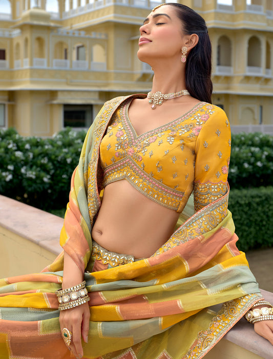 Designer Yellow Fancy Silk An Net Hevay Embroidery Ethnic Lehenga Choli