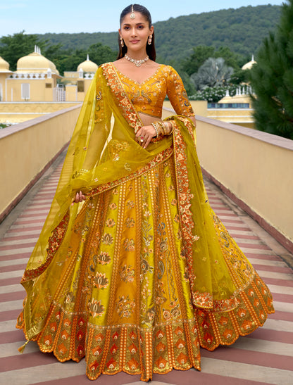 Mustard Yellow Fancy Silk An Net Hevay Emboridery Designer Lehenga Choli