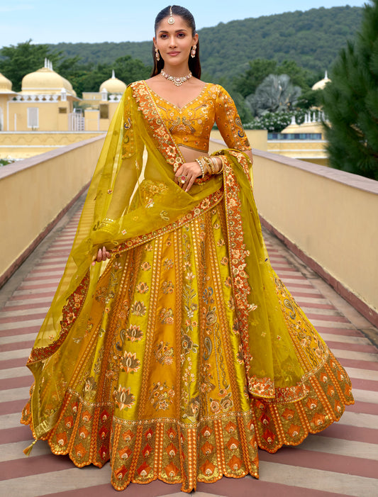 Mustard Yellow Fancy Silk An Net Hevay Emboridery Designer Lehenga Choli