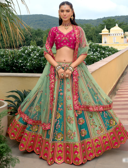 Ethnic Multi-Color Fancy Silk An Net Hevay Embroidery Designer Lehenga Choli