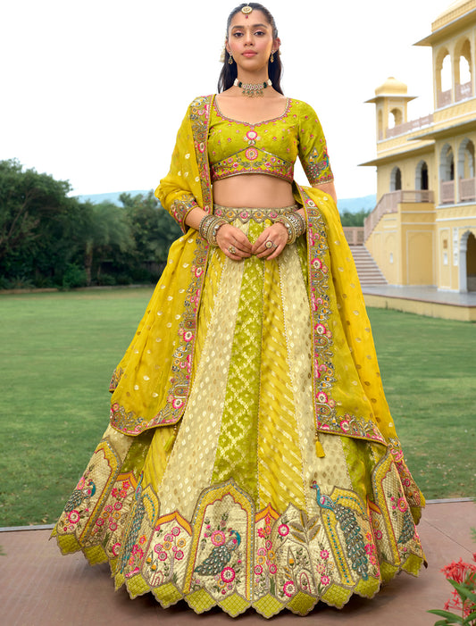 Ethnic Pista Green Fancy Silk An Net Hevay Embroidery Lehenga Choli